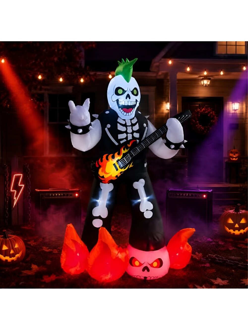 6.2FT Halloween Rock Music Skeleton Inflatable with LED Flame Guitar Decor